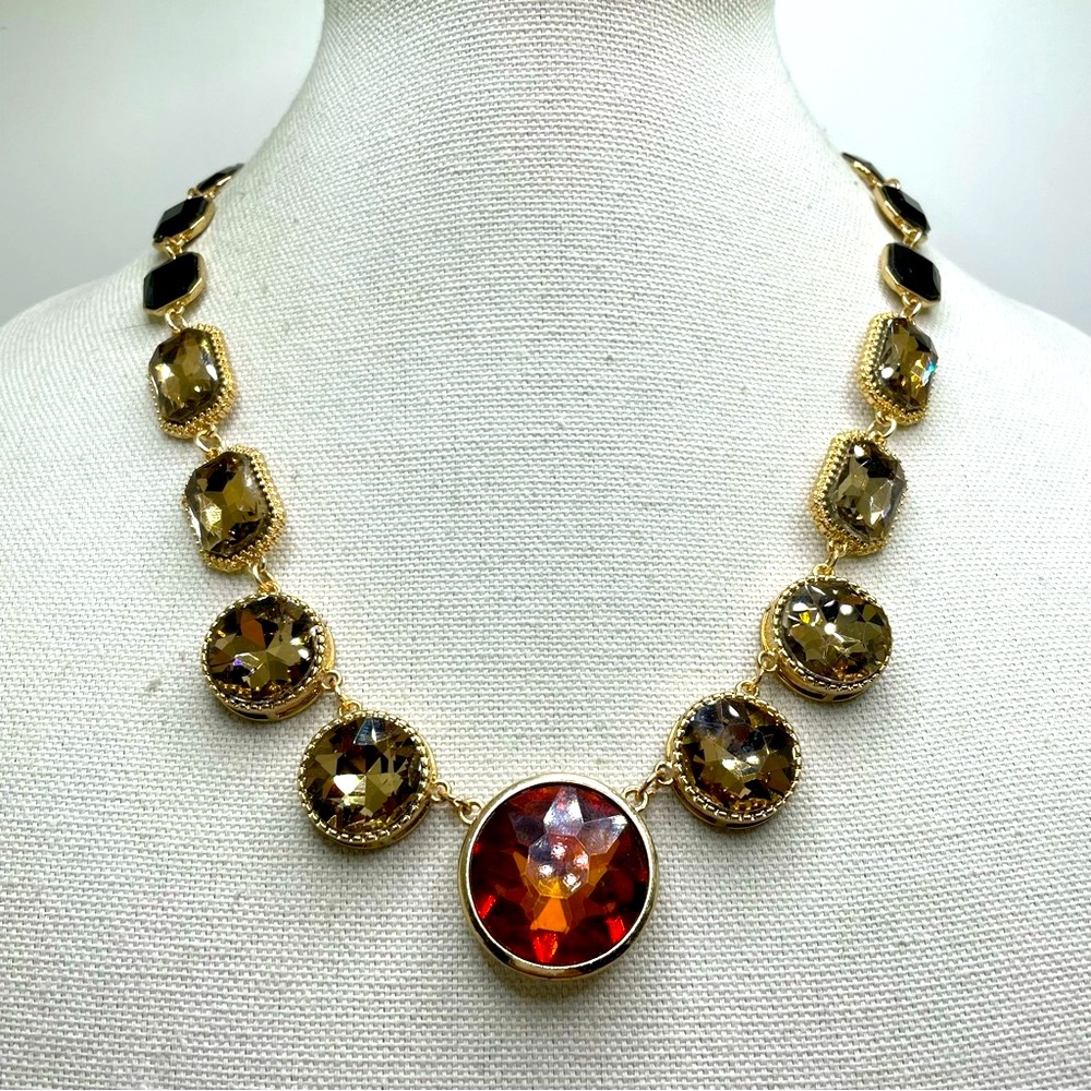 Cato C 1946 Multi Faceted Lucite Orange Champagne Black Gold Tone Boho Necklace